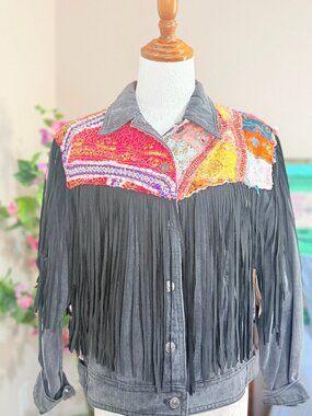 Nu Vintage Handmade Upcycled India Tapestry & Fringe Oversized Jean Jacket - S